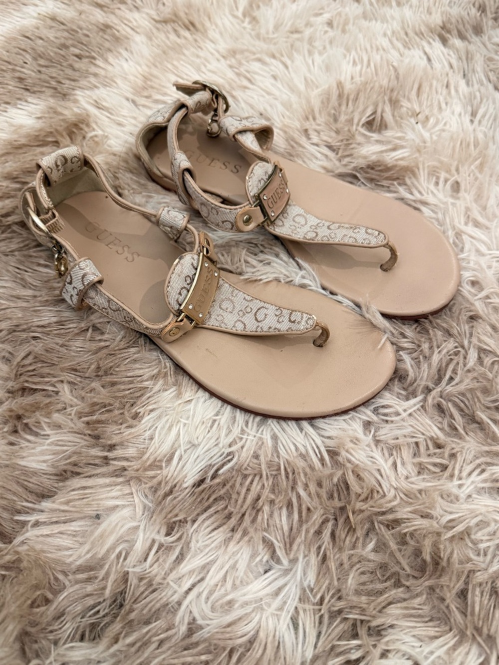 GUESS Beige Monogram T-Strap Sandals with Gold Accents